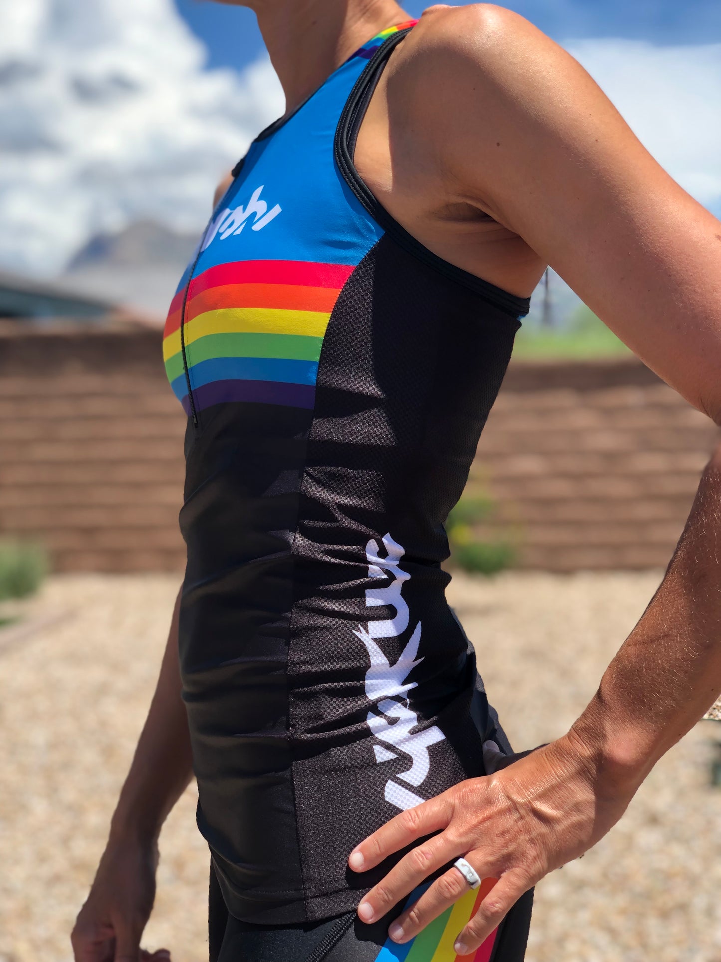 Warehouse Blue Rainbow Women's Tri Top with Zip FINAL SALE