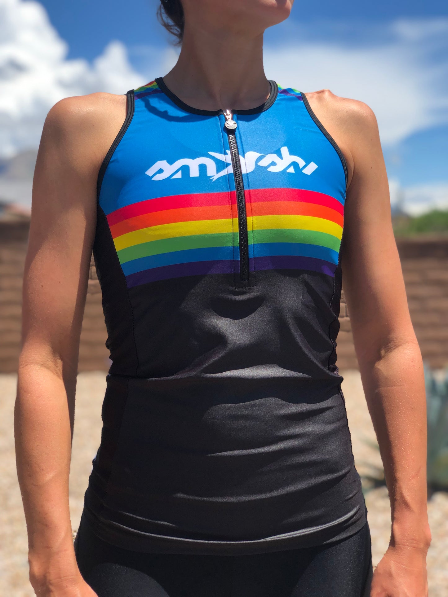 Warehouse Blue Rainbow Women's Tri Top with Zip FINAL SALE